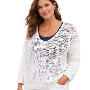 Lane Bryant White Cotton Open Knit Mesh Front Pullover Sweater 14/16 Nautical